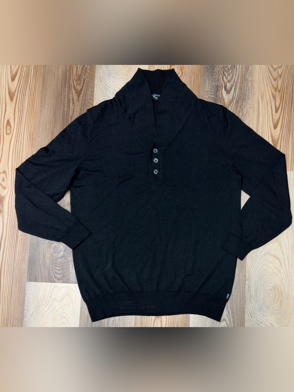 BOSS Hugo Boss Men XXL Black Extrafine Merino Wool Shawl Collar Sweater Slim Fit